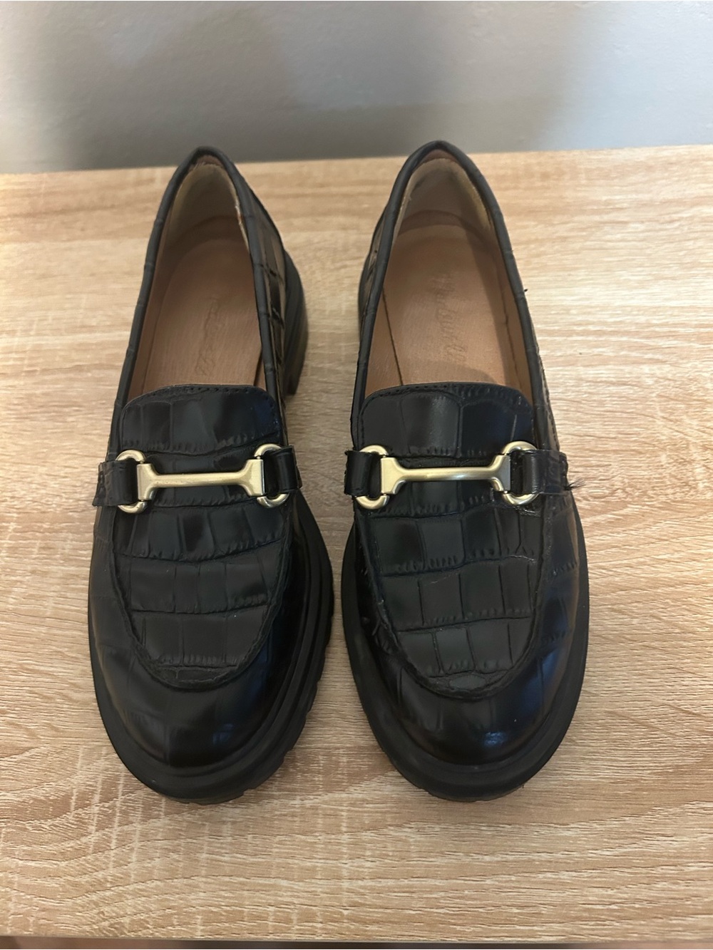 Madewell Bradley Hardware Lugsole Loafers Women 6 Black Croc Leather Horsebit